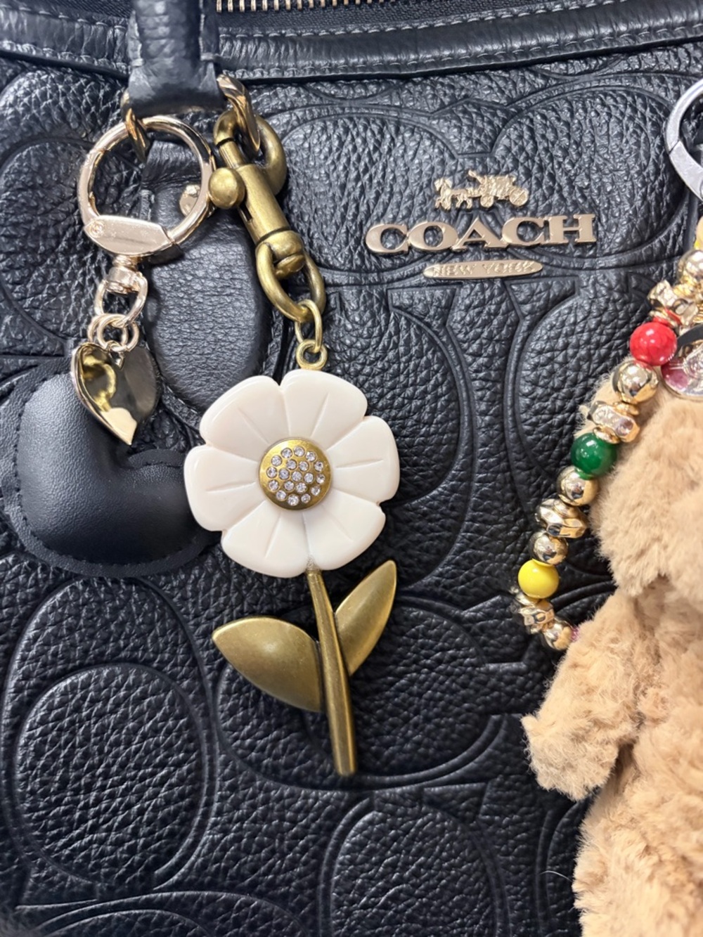 White Flower Key & Bag Charm with Gold-Tone Stem